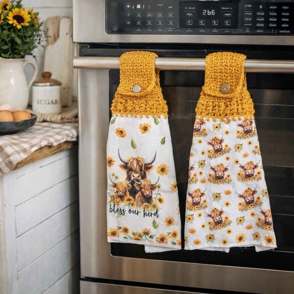 Premium Handmade Highland Cow Crochet Top Kitchen Towels Set Sunflowers NEW